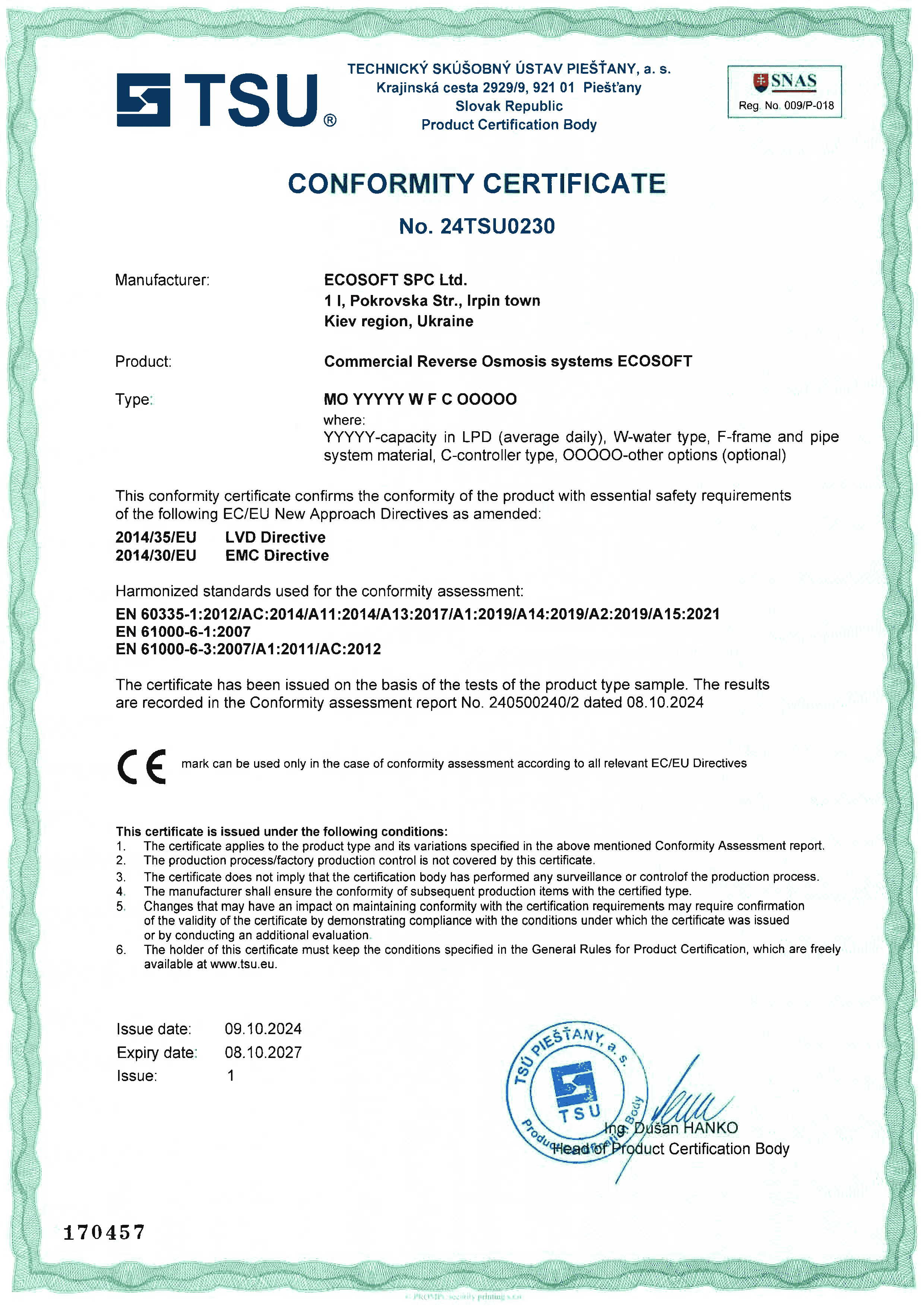 Certificate of Conformity for Ecosoft’s Commercial water treatment systems MO