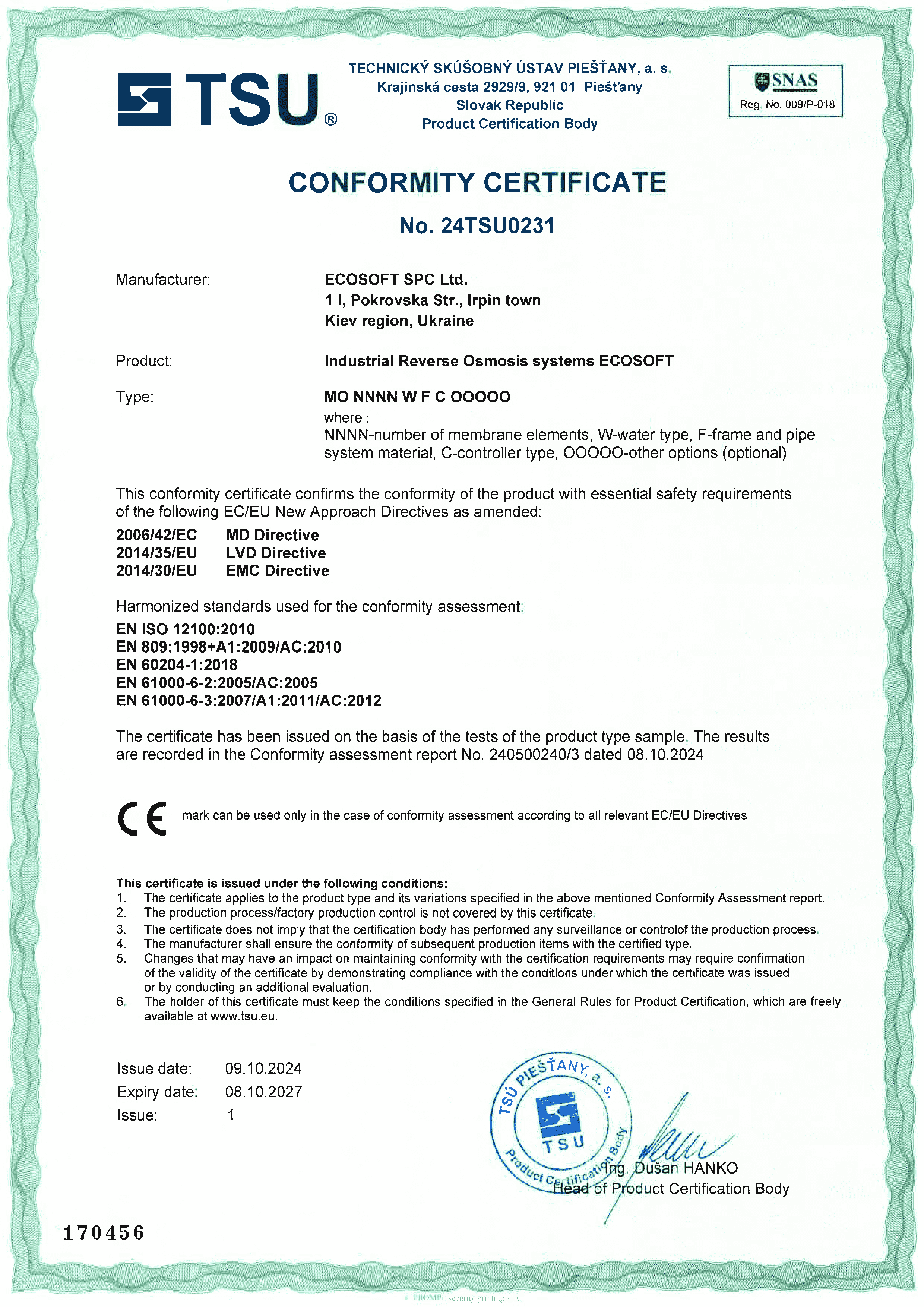 Certificate of Conformity for Ecosoft’s industrial water treatment systems MO