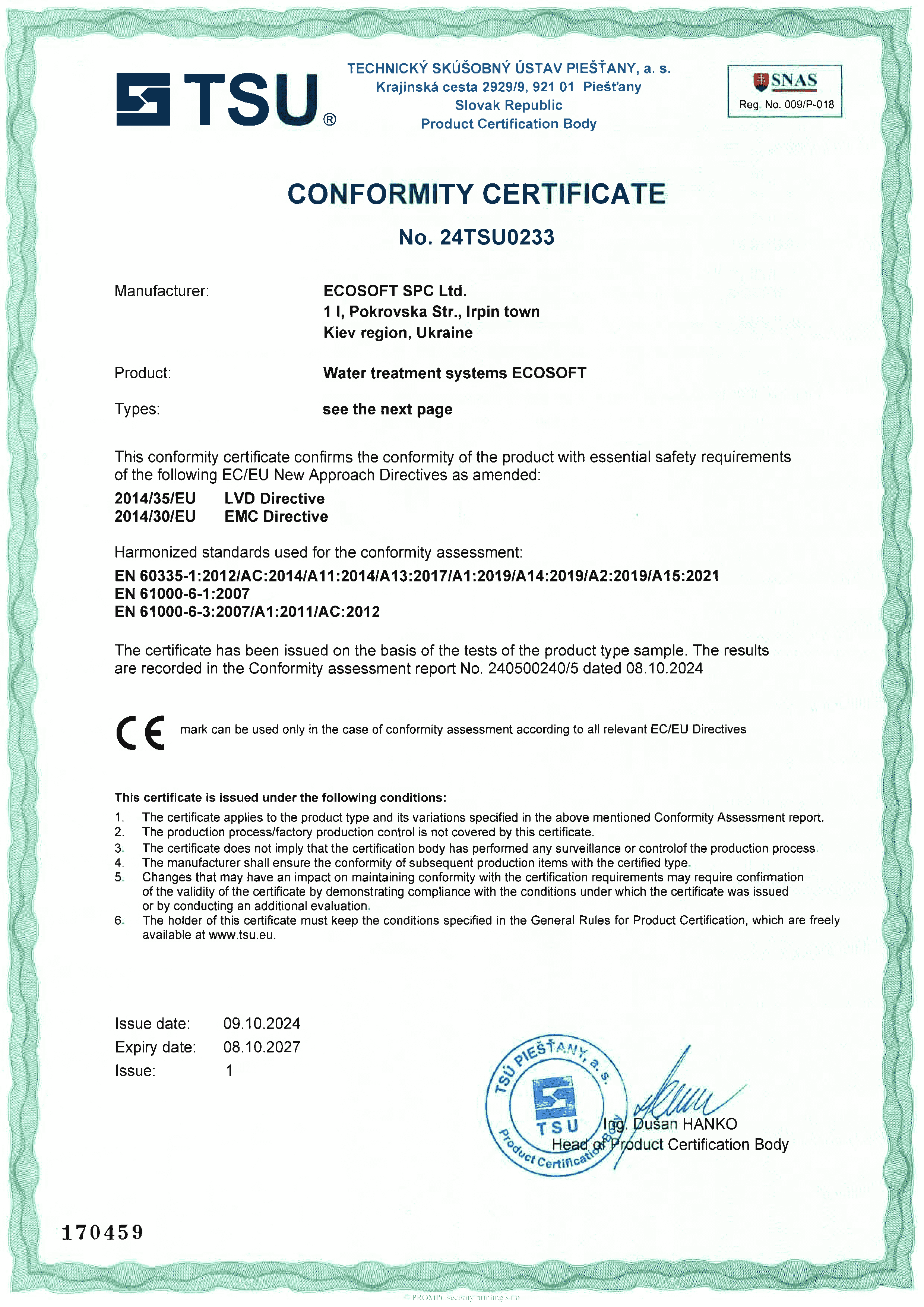 Certificate of Conformity for Ecosoft’s water treatment systems