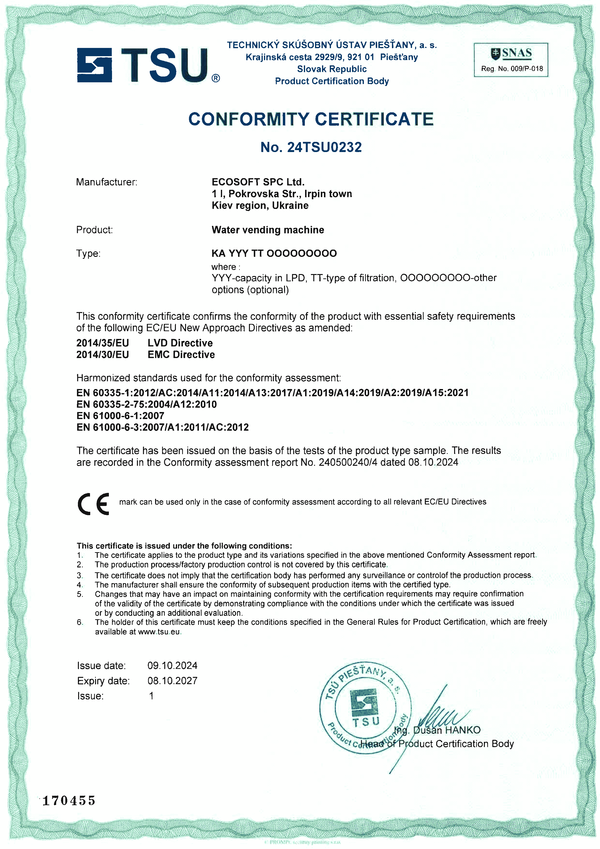 Certificate of Conformity for Ecosoft’s water treatment systems KA